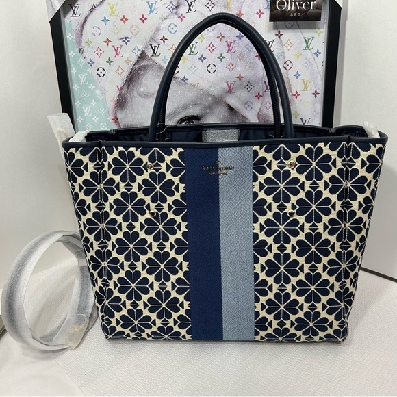 Kate Spade Flower Jacquard Stripe Everything Medium Tote blue and navy - Picture 9 of 15
